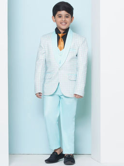 AJ Dezines - Boys Blue Cotton Checks Printed Shawl Lapel Suit (Set of 5)
