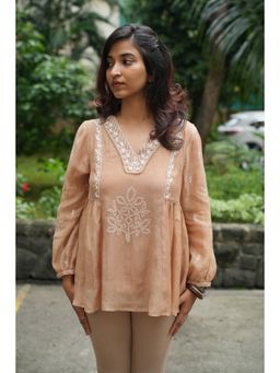 PANTS AND PAJAMAS - Beige Chikan Chanderi Mull Top