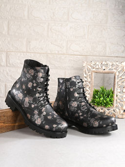 CARLO ROMANO - Women Vegan Leather Flower Print Casual Boots Black