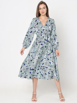 VERO MODA - Blue Printed Satin Midi Dress with Belt (Set of 2)