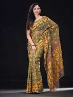Beatitude - Green Cotton Silk Woven Jacquard Jamdani Saree with Unstitched Blouse