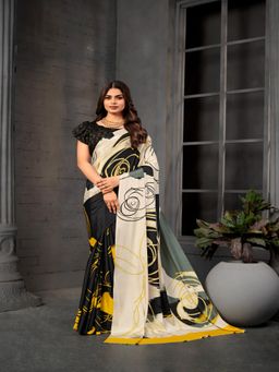 Gahan - Black Crepe Silk Abstract Digital Printed Saree with Unstitched Blouse