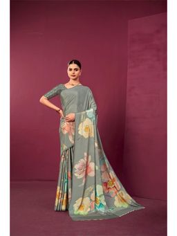 Gahan - Grey Crepe Silk Floral Digital Printed Saree with Unstitched Blouse