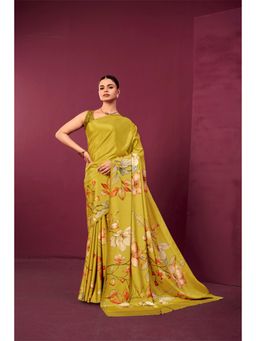 Gahan - Mustard Crepe Silk Floral Digital Printed Saree with Unstitched Blouse