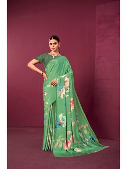 Gahan - Green Crepe Silk Floral Digital Printed Saree with Unstitched Blouse