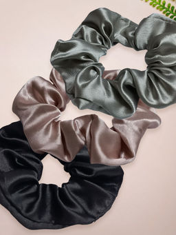 OOMPH - Combo of 3 Multi Color Satin Silk Scrunchie Rubber Band Hair Tie Ponytail Holder