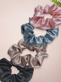 OOMPH - Combo of 4 Multi Color Satin Silk Scrunchie Rubber Band Hair Tie Ponytail Holder