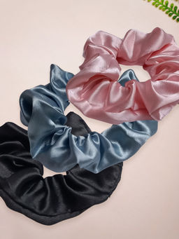 OOMPH - Combo of 3 Multi Color Satin Silk Scrunchie Rubber Band Hair Tie Ponytail Holder