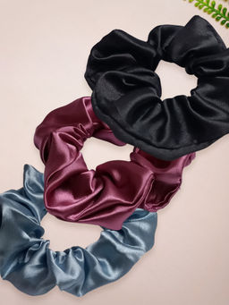 OOMPH - Combo of 3 Multi Color Satin Silk Scrunchie Rubber Band Hair Tie Ponytail Holder