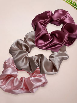 OOMPH - Combo of 3 Multi Color Satin Silk Scrunchie Rubber Band Hair Tie Ponytail Holder