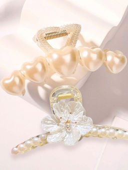 OOMPH - Combo of 2 Floral & Heart White Pearls & Beads Big Hair Claw