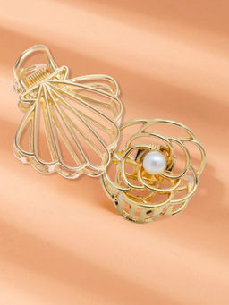 OOMPH - Combo of 2 Gold Tone Floral & Sea Shell Filigree Hair Claw