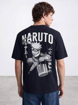 R&B - Men Navy Blue Short Sleeve Naruto Graphic Back Print T-Shirt