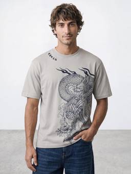 R&B - Men Grey Short Sleeve Round Neck Japanese Dragon Graphic Print T-Shirt