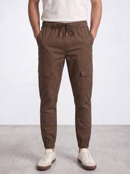R&B - Men Coffee Brown Mid Rise Regular Fit Cargo Joggers