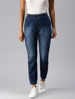 SHOWOFFFF - Women Low Distress Blue Jogger Denim Jeans