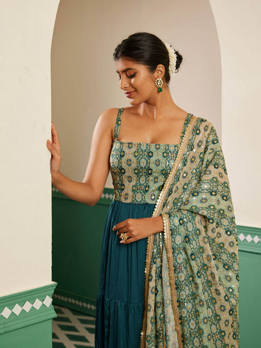 Buy Alaya by Stage3 Sajda Teal Embroidered Maxi Dress Online