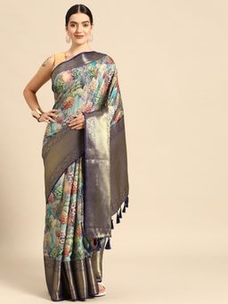 Silk Land - Kanchipuram Pattu Silk Zari Woven Digital Print Saree with Unstitched Blouse
