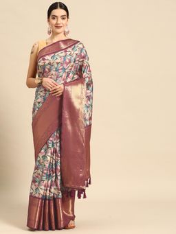 Silk Land - Kanchipuram Pattu Silk Zari Woven Digital Print Saree with Unstitched Blouse
