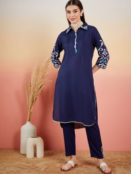 Vastramyaa - Women Navy Blue Embroidered Kurta and Pant Set (Set of 2)