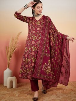 Vastramyaa - Women Maroon Floral Angarkha Kurta with Pant and Dupatta Set (Set of 3)