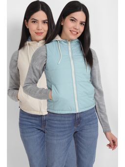 Allen Solly - Women Cream-Blue Reversible Solid Casual Puffer Jacket