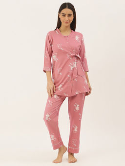 Sweet Dreams - Women Rayon Printed 3 Pcs Nightsuit - Pink (Set of 3)