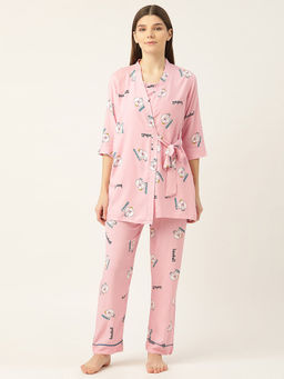 Sweet Dreams - Women Rayon Printed 3 Pcs Nightsuit - Pink (Set of 3)