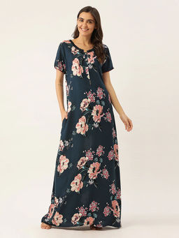 Sweet Dreams - Women Rayon Printed Maxi Nightdress - Navy Blue