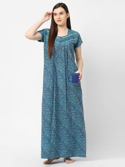 Sweet Dreams - Women Cotton Blend Printed Maxi Nightdress - Blue