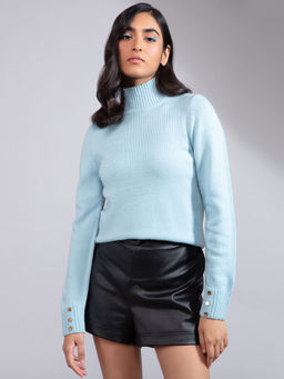 Twenty Dresses by Nykaa Fashion - Blue Solid Round Neck Full Sleeves Sweater Top