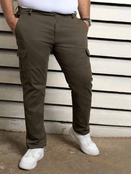 High Star - Men Plus Solid Mid-Rise Casual Trousers Olive