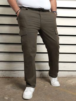 High Star - Men Plus Solid Mid-Rise Casual Trousers Olive