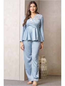 Label Swish - Lulu Lounge Powder Blue Embellished Peplum Top With Pants (Set of 2)