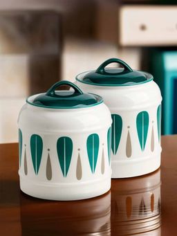 UMAI - Green Printed Ceramic Jar, 2.5L, (Pack Of 2)