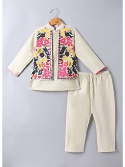 LITTLE BRATS - Beige Heavy Applique Embroidered Jacket And Kurta With Pyjama