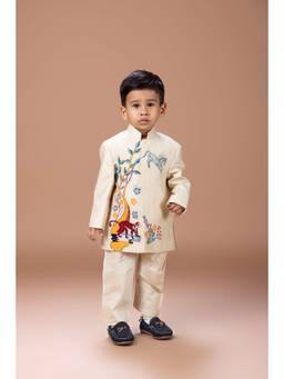 LITTLE BRATS - Beige Embroidered Front Open Sherwani With Pyjama