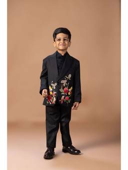 LITTLE BRATS - Black Embroidered Tuxedo With Shirt Pant With Bow Tie