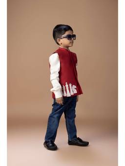 LITTLE BRATS - Cream Chess Embroidery Bundi Jacket With Shirt And Pant