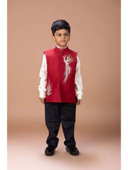 LITTLE BRATS - White Phoenix Multicolour Embroidery Nehru Jacket With Shirt And Pant