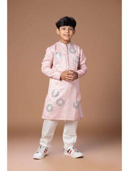 LITTLE BRATS - Powder Pink Mirror Work Embroidery Kurta With Pyjama