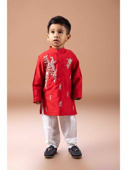 LITTLE BRATS - Red Peacock And Flower Zari Embroidery Kurta With Pyjama