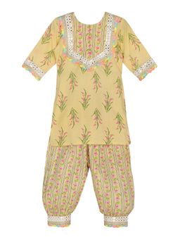 MiniMe Organics - Girls Yellow Printed Kurta with Salwar (Set of 2)