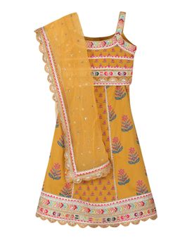 MiniMe Organics - Girls Yellow Printed Choli with Lehenga and Dupatta (Set of 3)