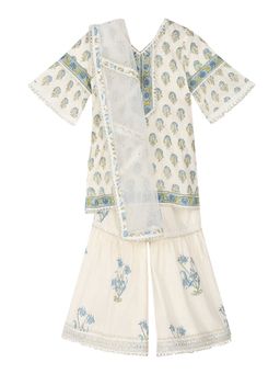 MiniMe Organics - Girls Off White Floral Kurta with Sharara and Dupatta (Set of 3)