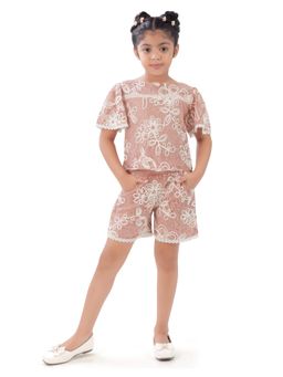 TINY GIRL - Self Design Half Sleeves Top and Shorts- Onion Pink