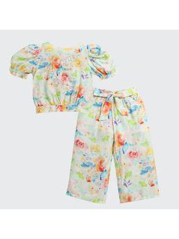 TINY GIRL - Puff Sleeves Floral Printed Co-ord Set - Green