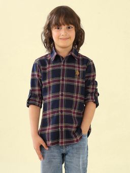 U.S. POLO ASSN. - Boys White Twill Plaid Checked Hooded Shirt