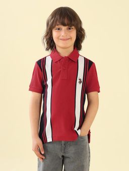 U.S. POLO ASSN. - Boys Red Vertical Striped Regular Fit Polo Shirt