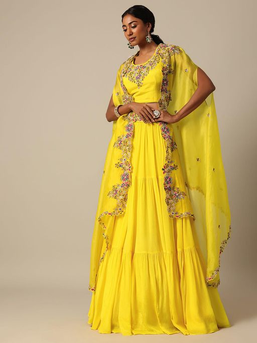 slim fit dress slacks Yellow Embroidered Lehenga Set with Short Kurta and Dupatta